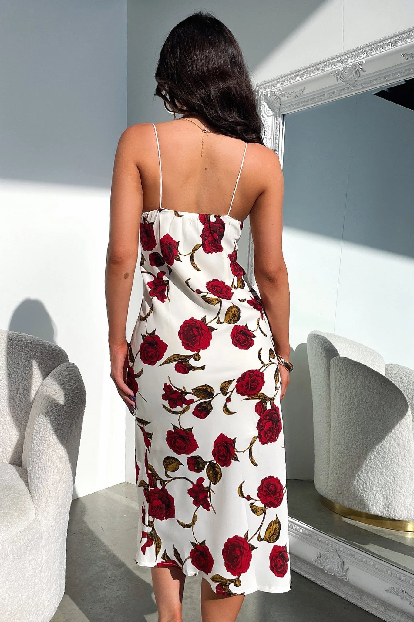 Jennifer Satin Midi Dresss - Rose Floral