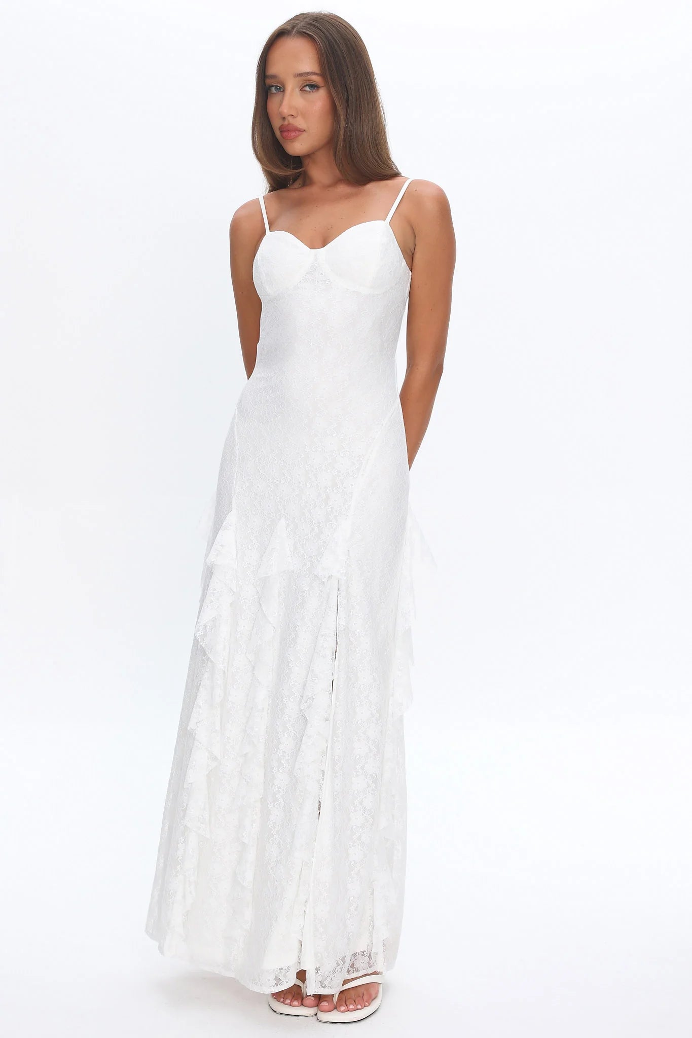 Onique Lace-Up Back Split Maxi Dress Lace White