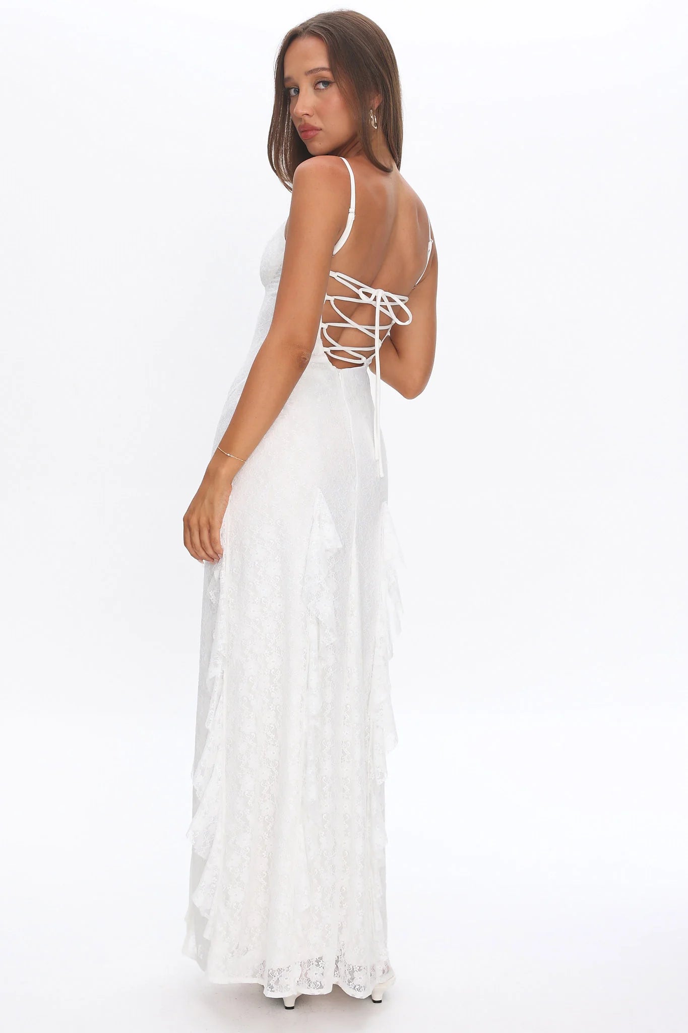 Onique Lace-Up Back Split Maxi Dress Lace White