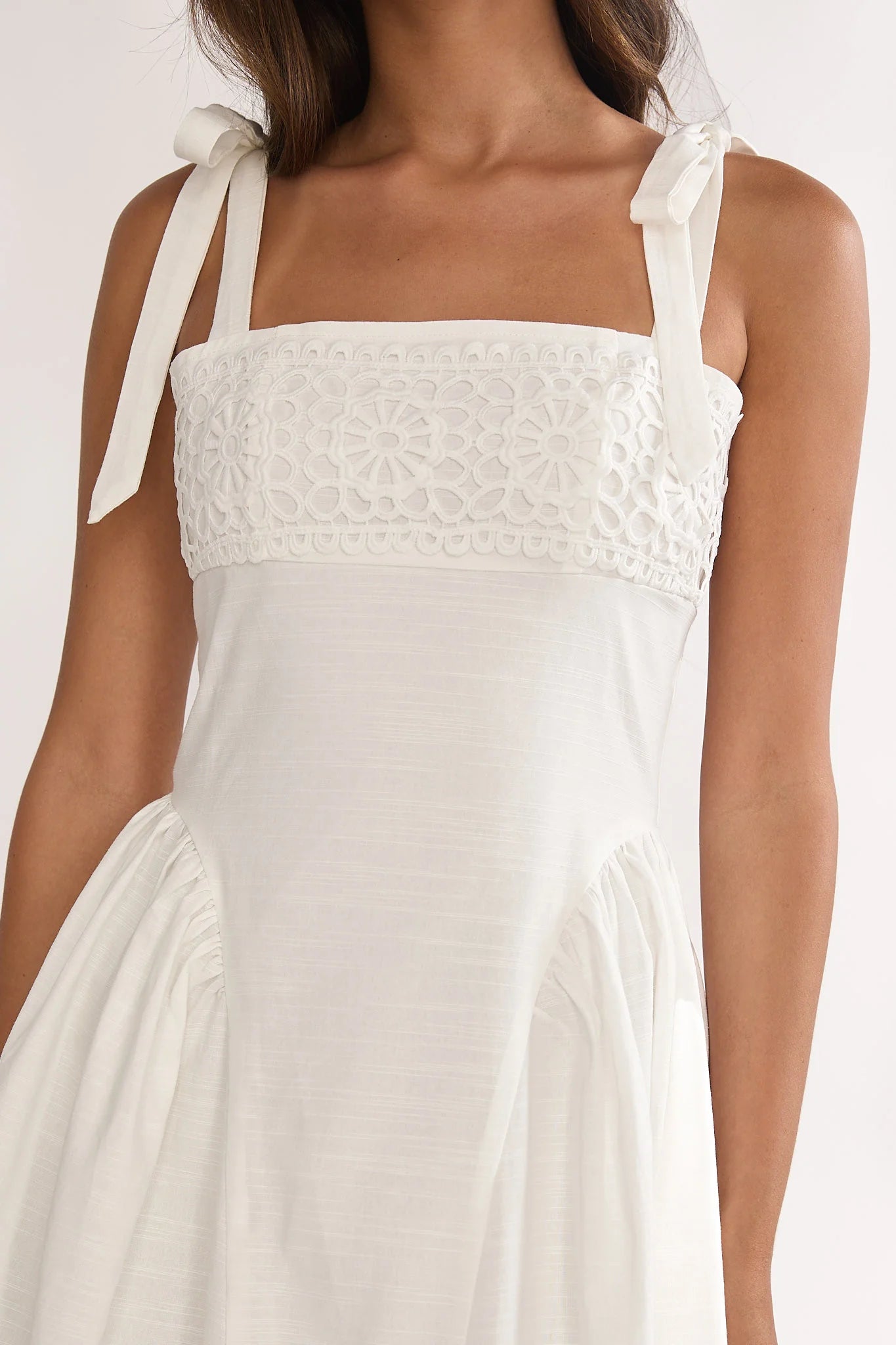 Morgana Tied Shoulder Applique Midi Dress Off White
