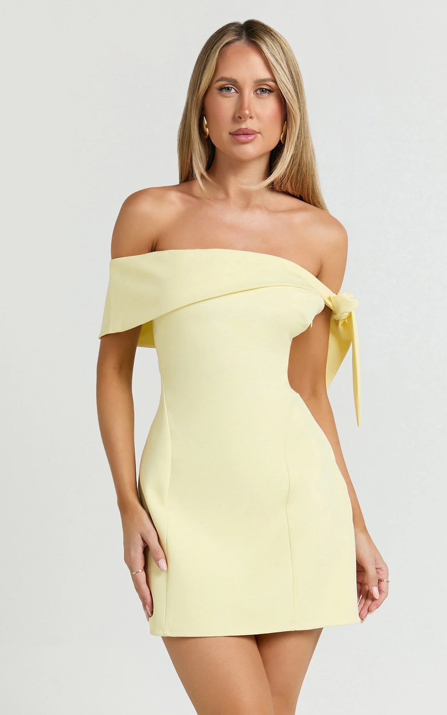 Cecilia Mini Dress - Off Shoulder Tie Detail Dress in Lemon