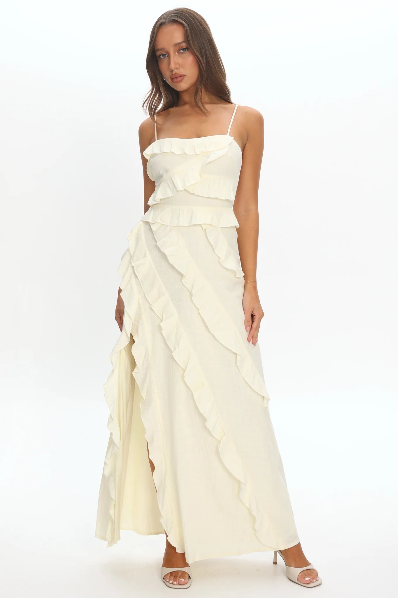 Arrabel Ruffle Split Maxi Dress Ivory