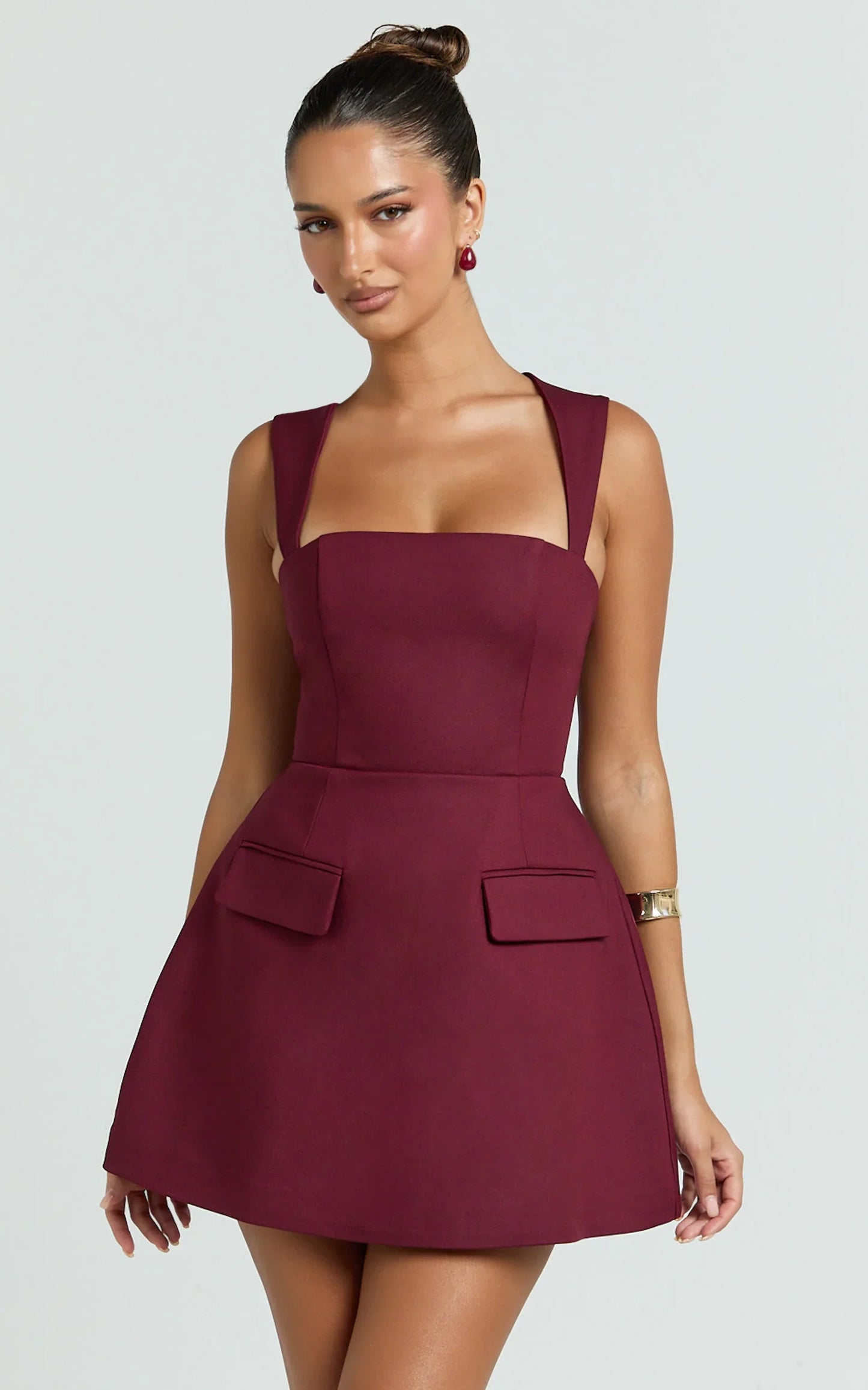Garrett Mini Dress - Square Neck Fit And Flare Dress in Wine