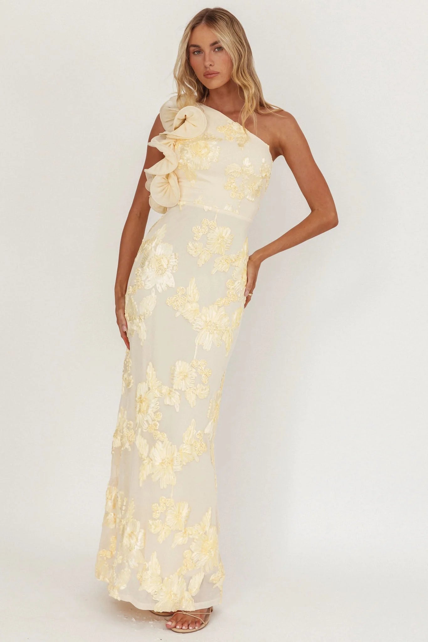 Deanna One-Shoulder Ruffle Maxi Dress Floral Texture Yellow