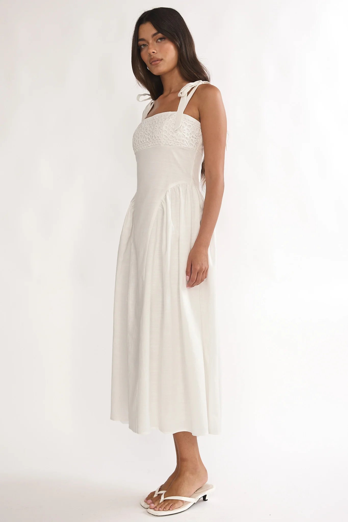 Morgana Tied Shoulder Applique Midi Dress Off White