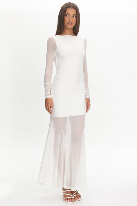 Lustre Long Sleeve Open Back Maxi Dress White