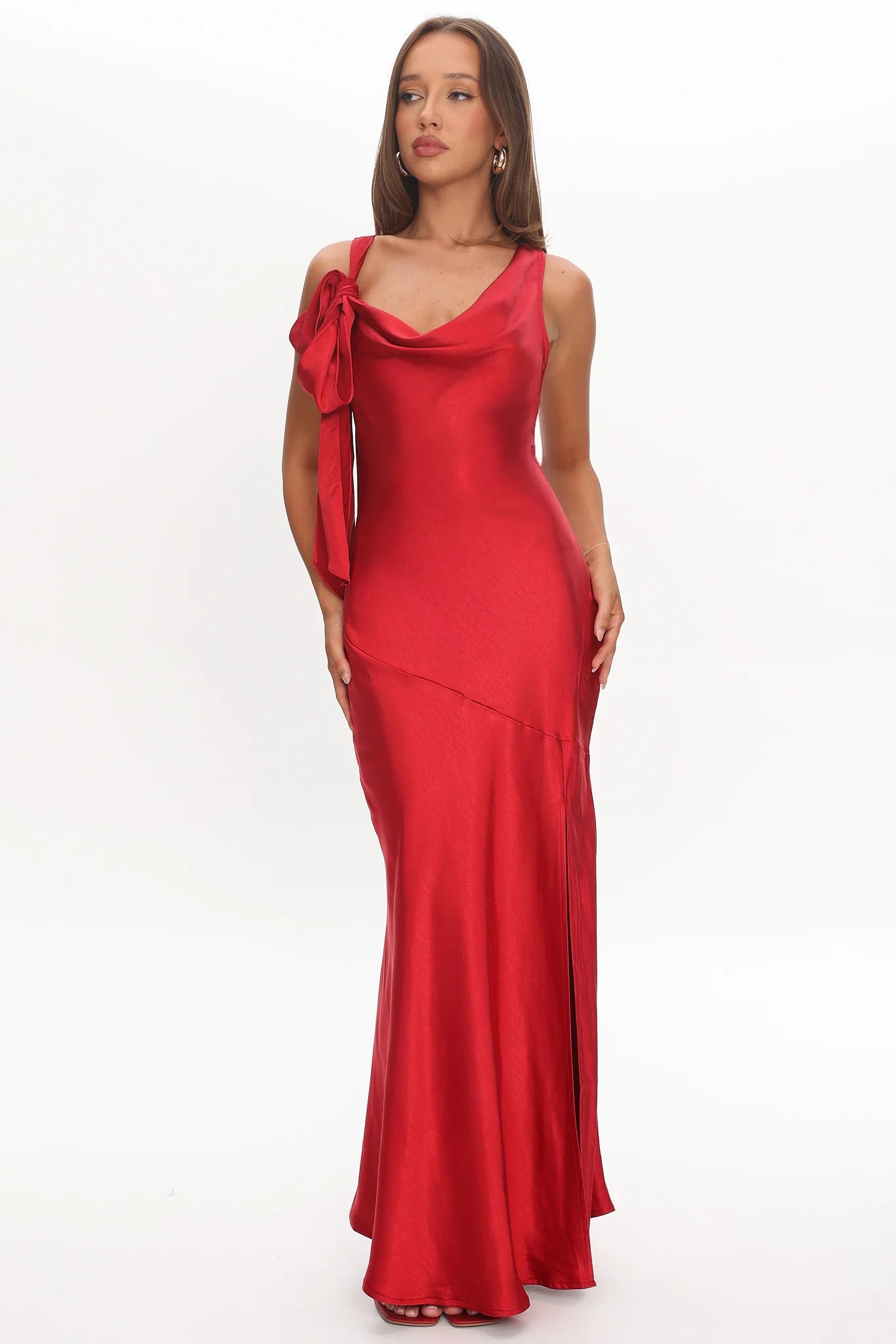 Averie Bow Shoulder Split Midi Dress Red