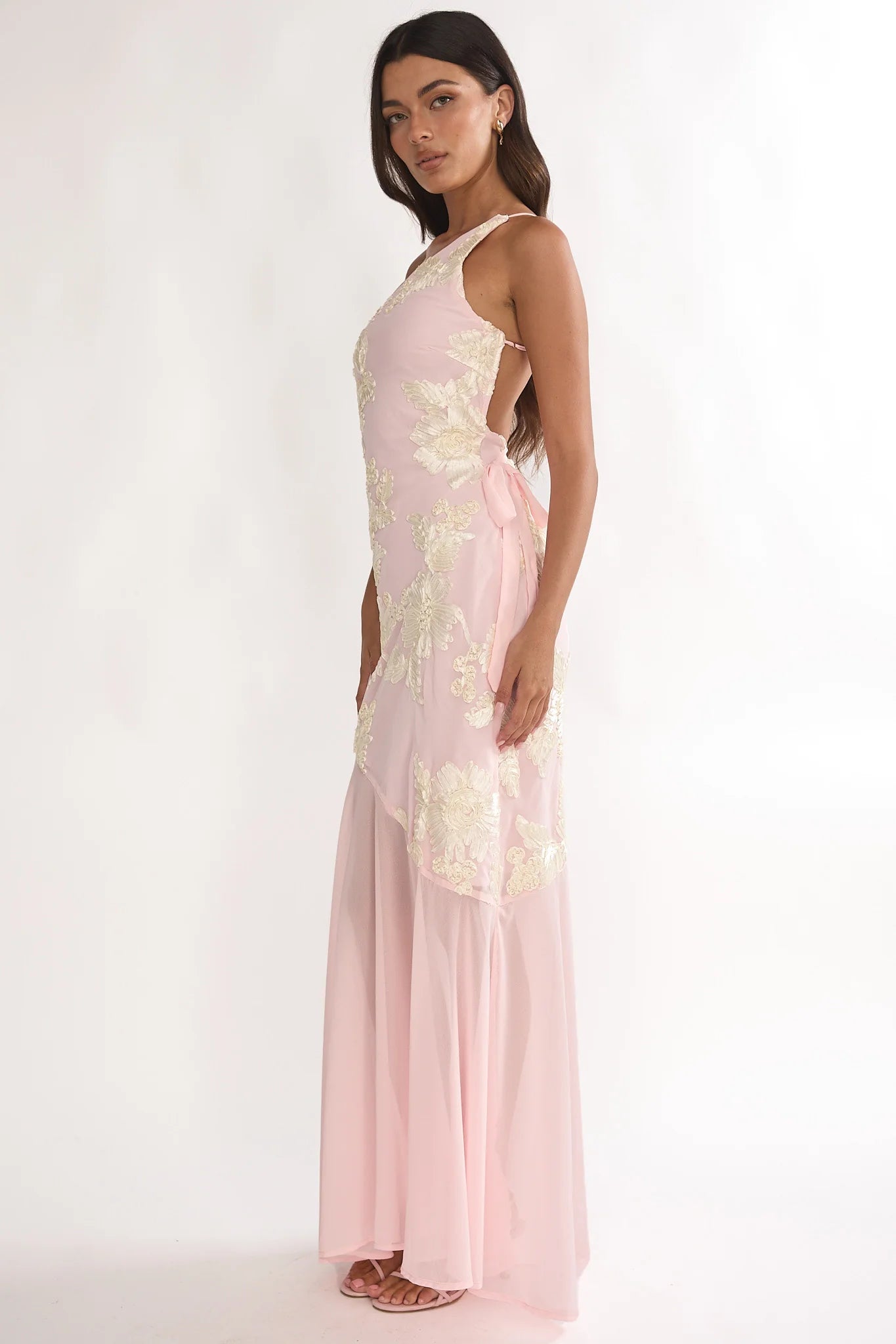 Mireya One-Shoulder Sheer Hem Maxi Dress Pink