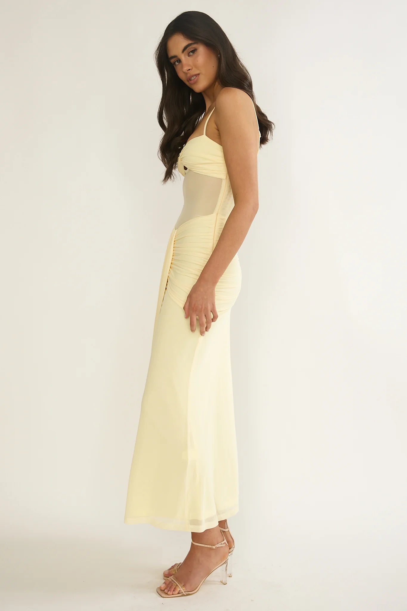 Kamilah Ruched Sheer Waist Maxi Dress Yellow
