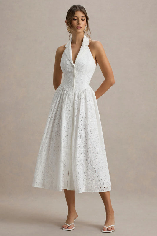 Jezebel | White Lace Plunge-Neck Collared Midi Dress