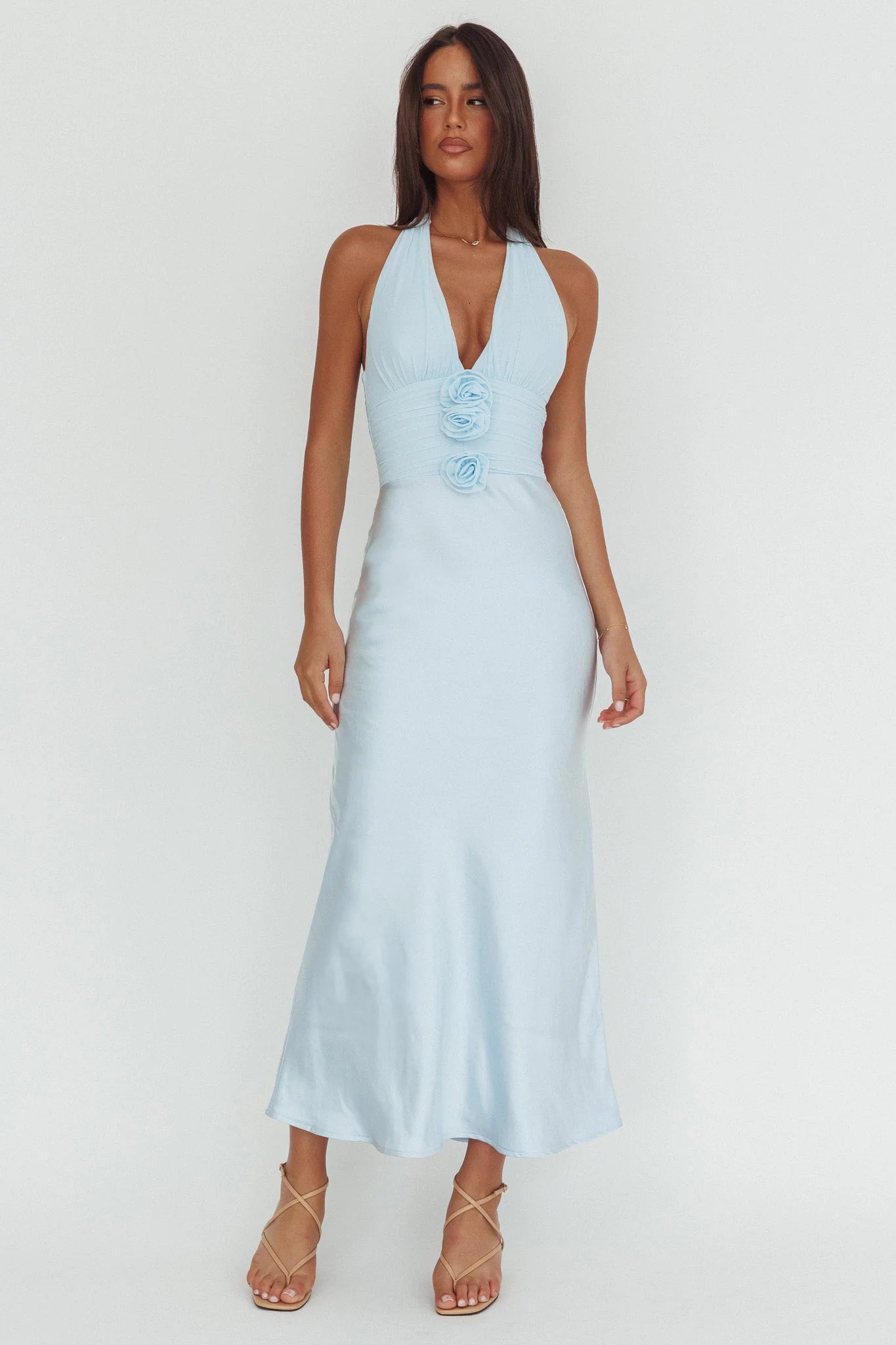 Heliora Halterneck Rosette Bust Maxi Dress Ice Blue