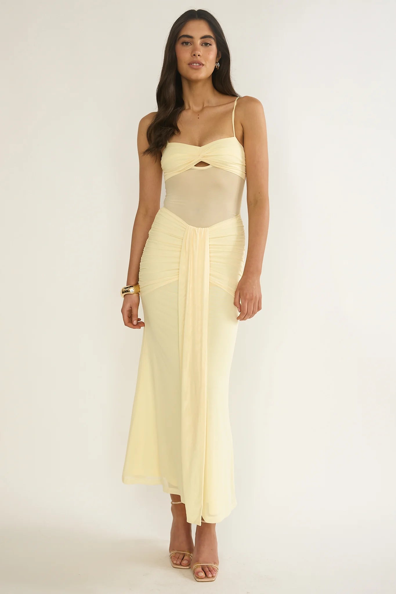 Kamilah Ruched Sheer Waist Maxi Dress Yellow