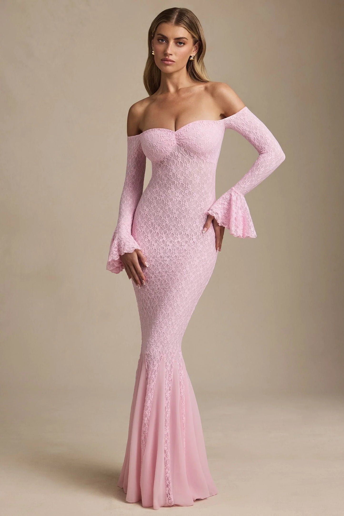 Off-Shoulder Ruffle Lace Maxi Dress in Soft Pink
