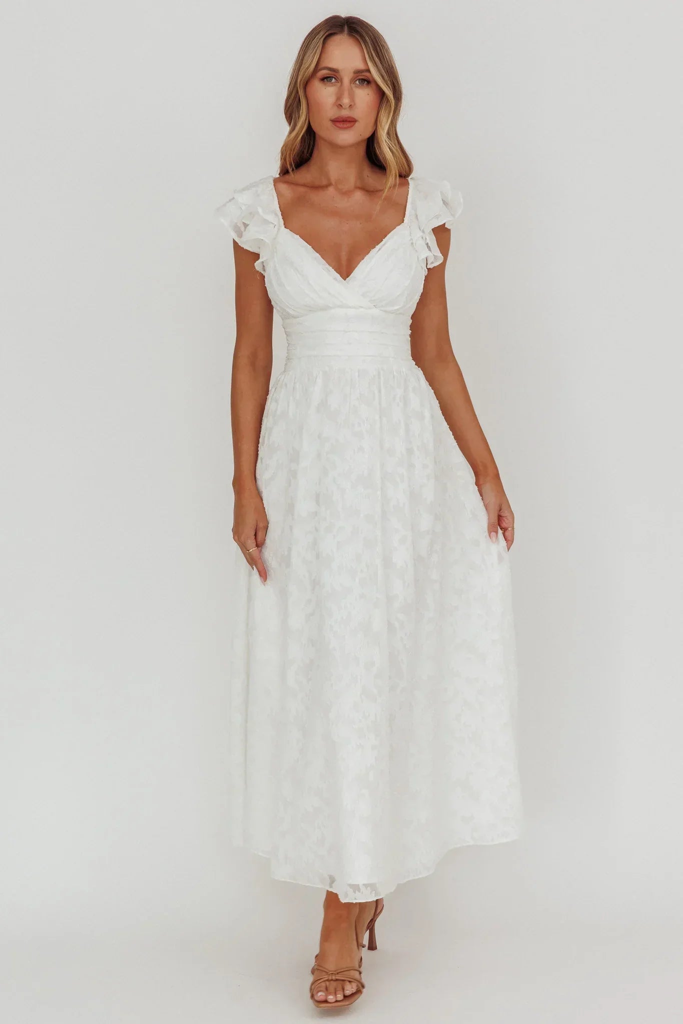 Lola Ruffle Shoulder Maxi Dress Textured White