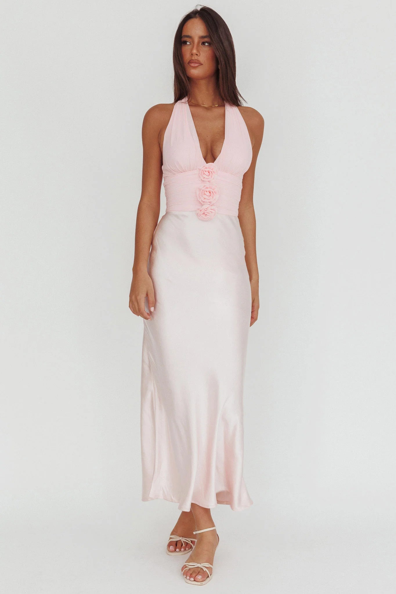 Heliora Halterneck Rosette Bust Maxi Dress Pink