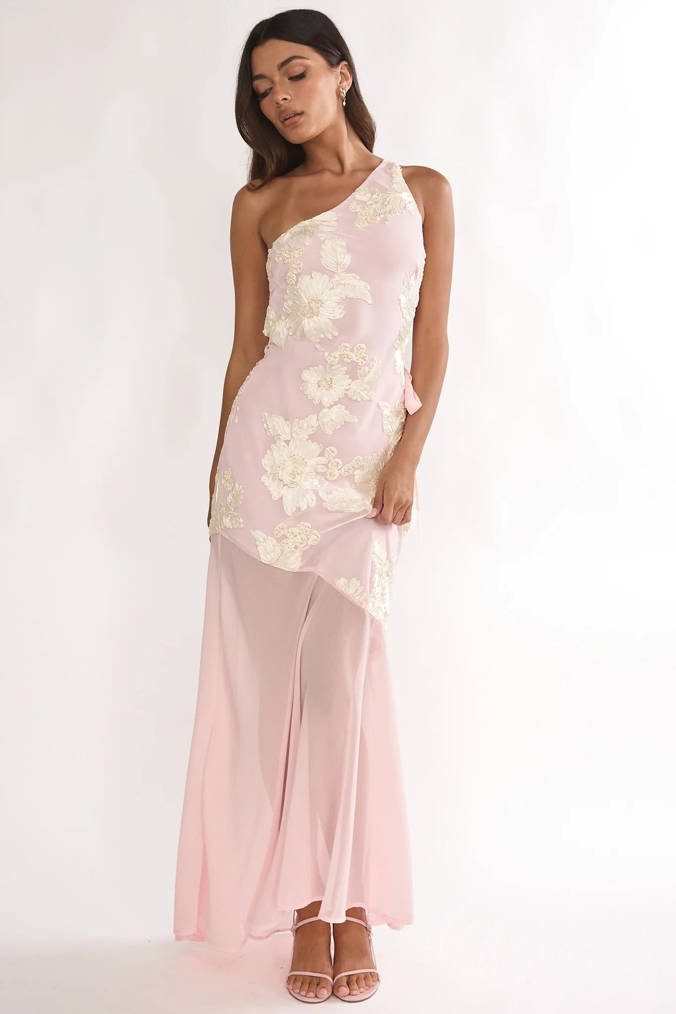 Mireya One-Shoulder Sheer Hem Maxi Dress Pink